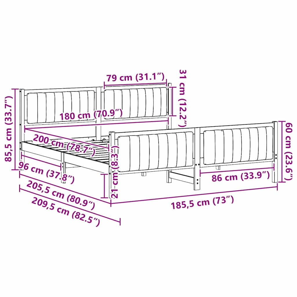 Bedframe Bruin en zwart 180 x 200 cm Massief grenenhout