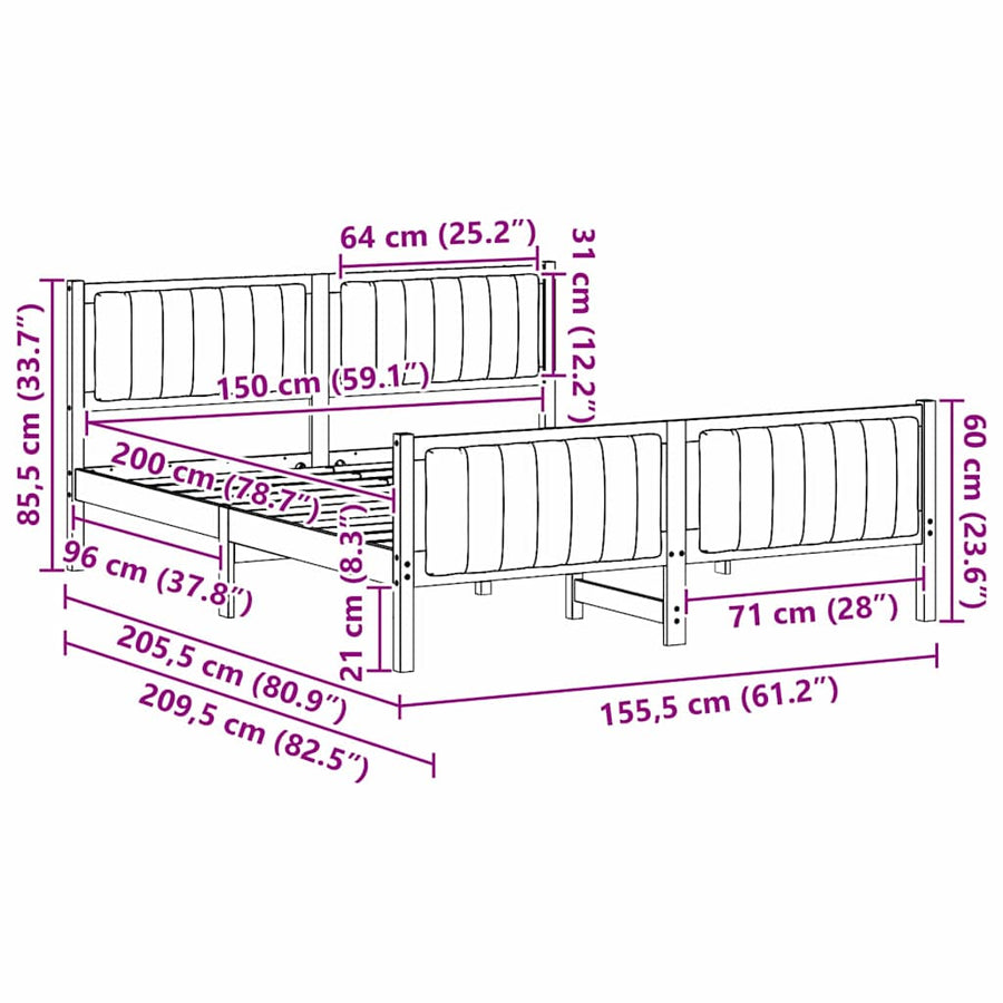Bedframe Bruin en lichtgrijs 150 x 200 cm Massief grenenhout