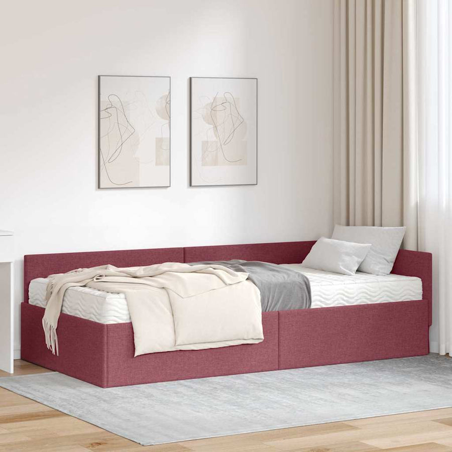 Hoekbedframe Met Matras Anders Met Hoofdeinde 2 Pcs Rood Stof 90 x 190 cm Wijnrood