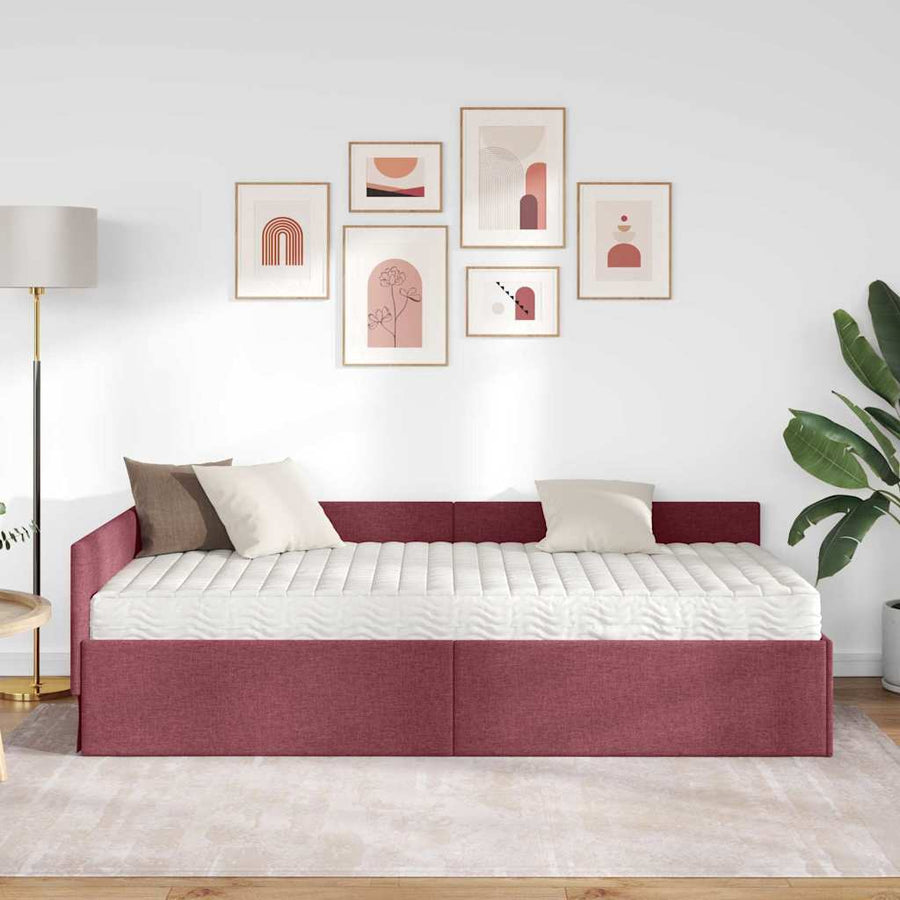 Hoekbedframe Met Matras Anders Met Hoofdeinde 2 Pcs Grijs Stof 90 x 200 cm Wijnrood