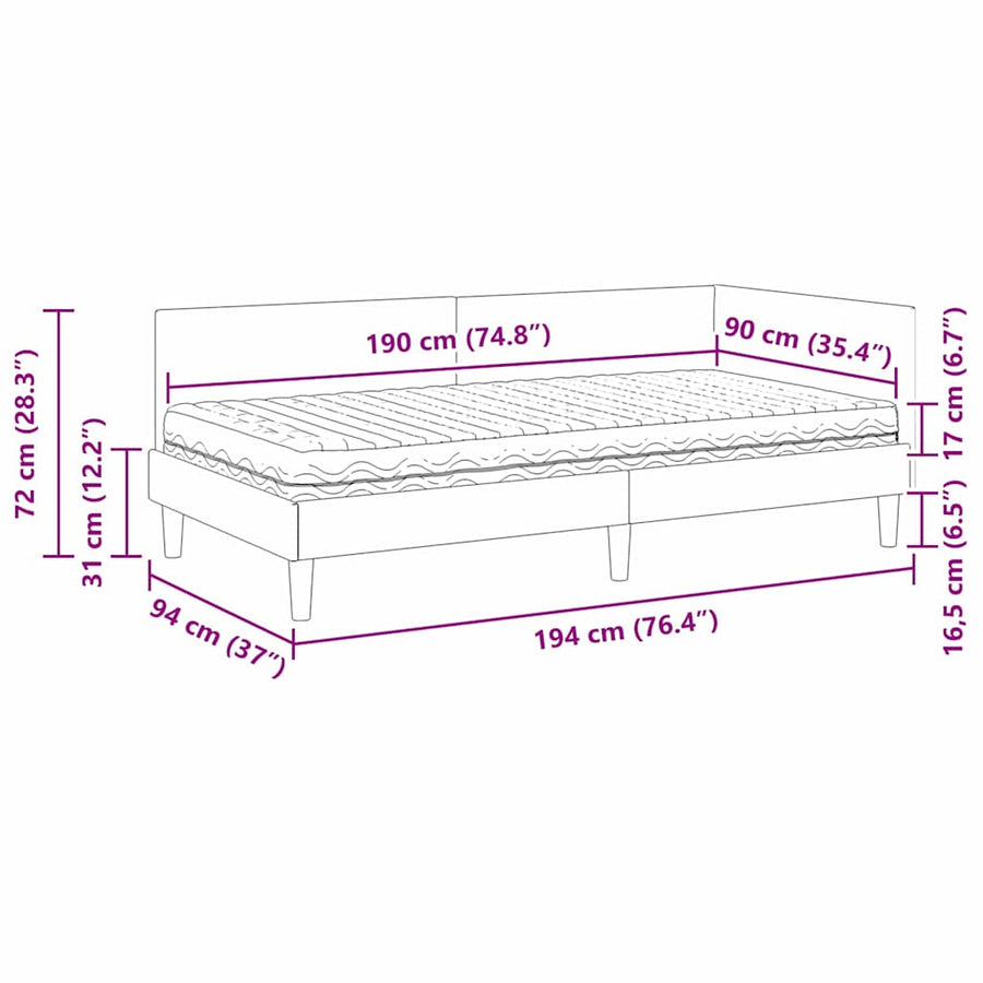 Hoekbedframe Met Matras Anders Met Hoofdeinde 2 Pcs Grijs Stof 90 x 190 cm Wijnrood
