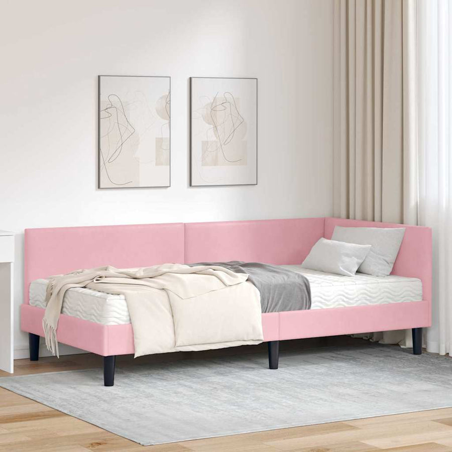 Hoekbedframe Met Matras Anders 2 Pcs Grijs Fluweel 90 x 190 cm Roze