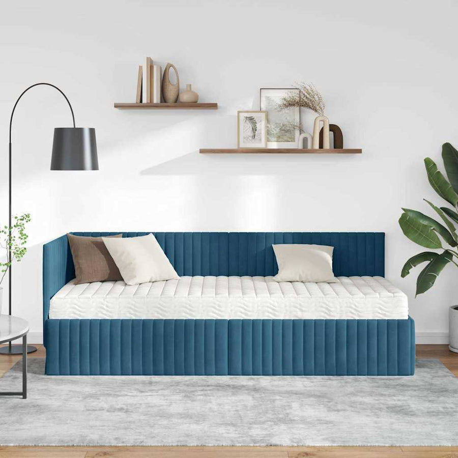 Hoekbedframe met Matras met hoofdeinde 2 pcs Blauw Fluweel