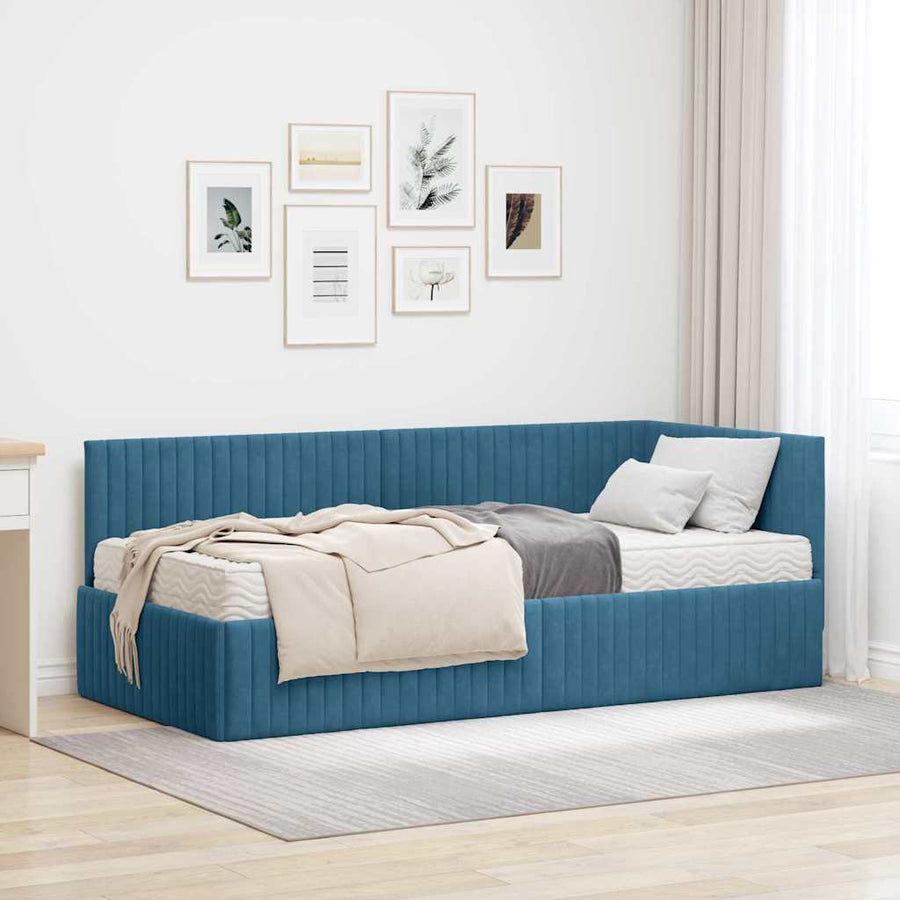 Hoekbedframe met Matras met hoofdeinde 2 pcs Blauw Fluweel
