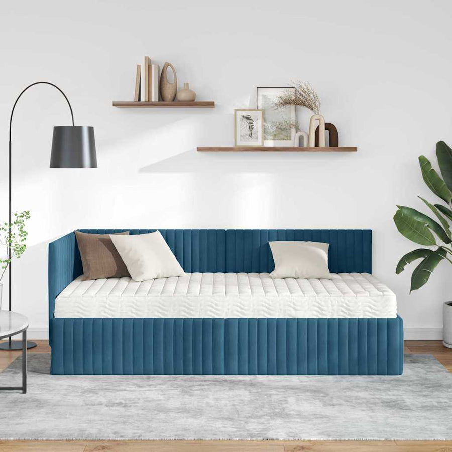 Hoekbedframe met Matras met hoofdeinde 2 pcs Blauw Fluweel