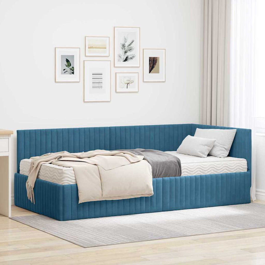 Hoekbedframe met Matras met hoofdeinde 2 pcs Blauw Fluweel