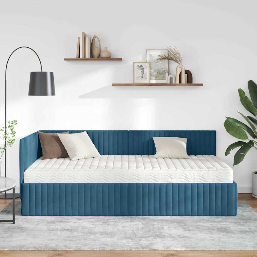 Hoekbedframe met Matras met hoofdeinde 2 pcs Blauw Fluweel