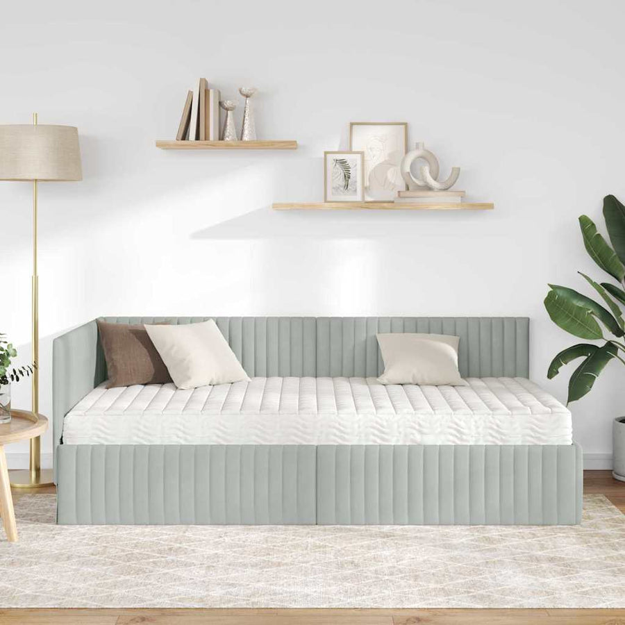 Hoekbedframe met Matras met hoofdeinde 2 pcs Lichtgrijs Fluweel
