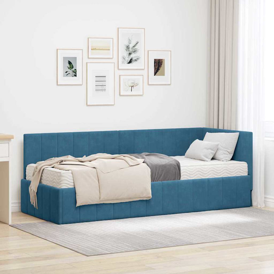 Hoekbedframe met Matras met hoofdeinde 2 pcs Blauw Fluweel
