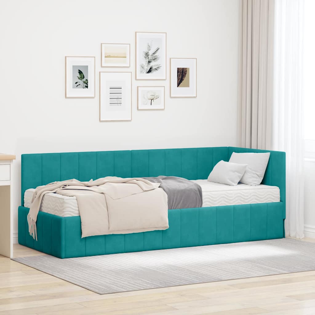 Hoekbedframe met Matras met hoofdeinde 2 pcs Turquoise Fluweel