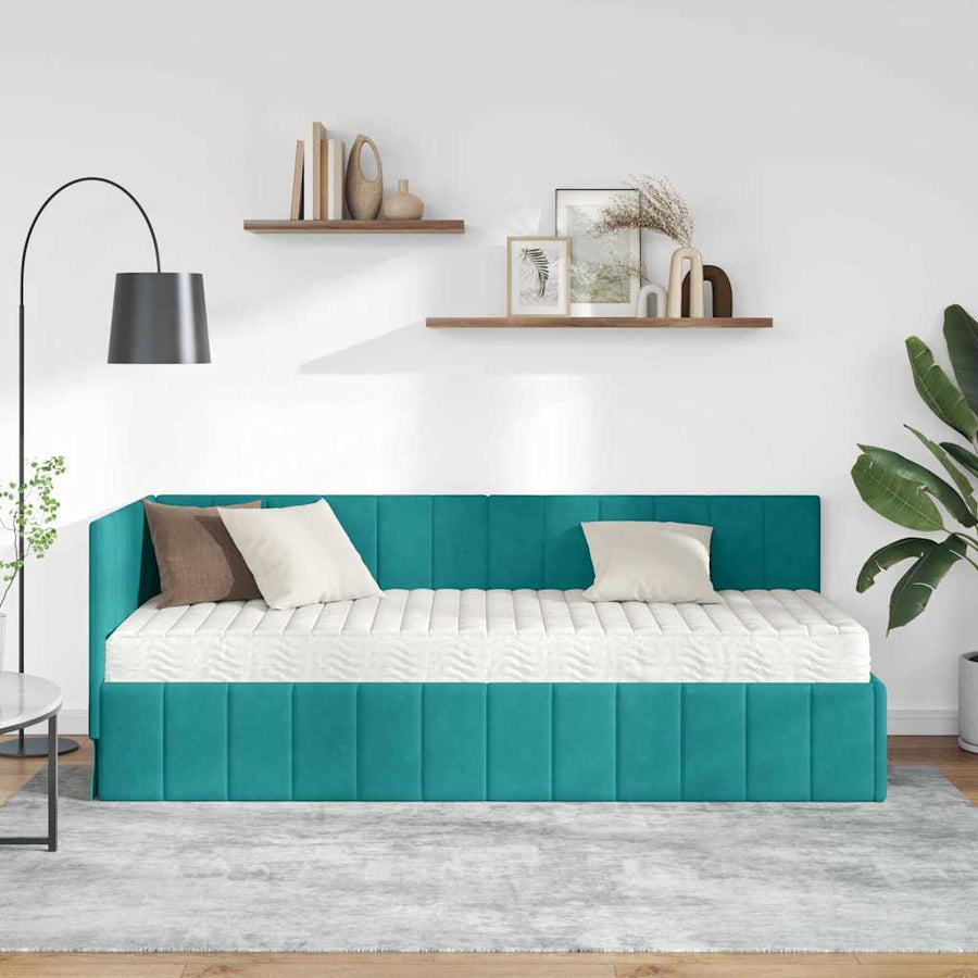 Hoekbedframe met Matras met hoofdeinde 2 pcs Turquoise Fluweel