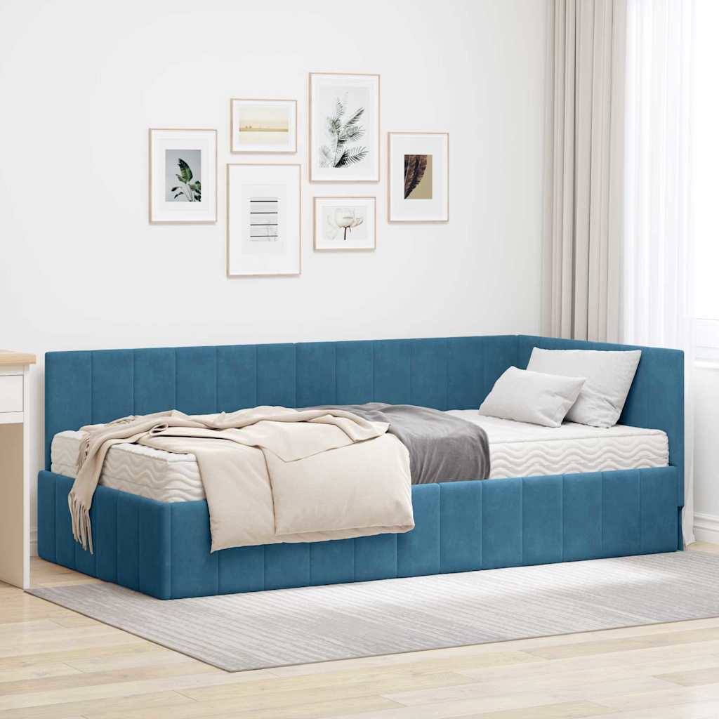 Hoekbedframe met Matras met hoofdeinde 2 pcs Blauw Fluweel