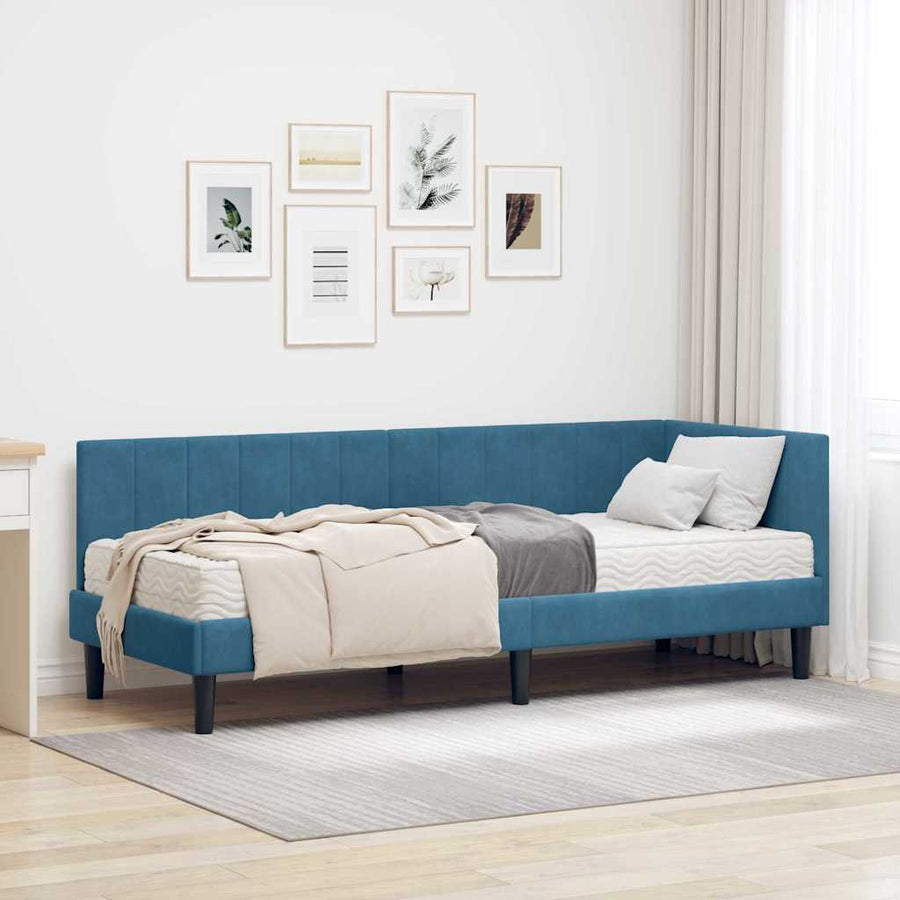 Hoekbedframe met Matras met hoofdeinde 2 pcs Blauw Fluweel