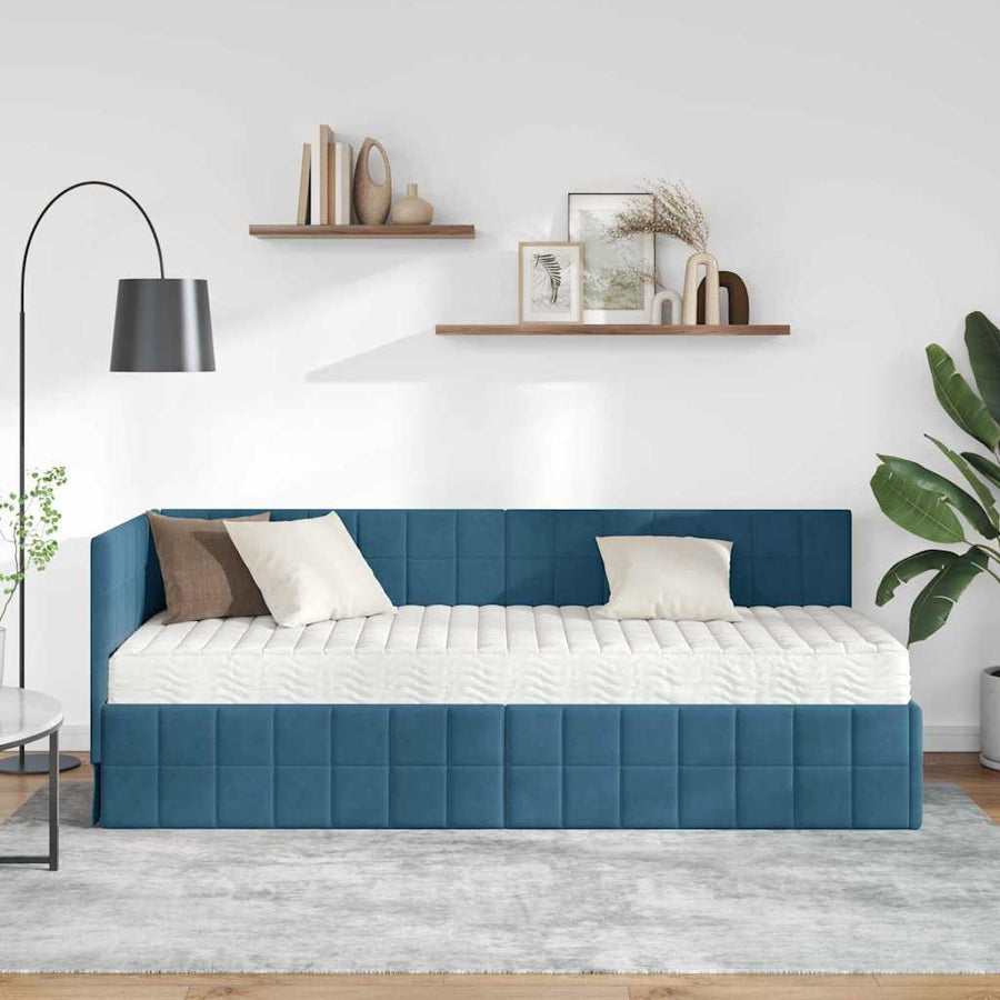 Hoekbedframe met Matras met hoofdeinde 2 pcs Blauw Fluweel