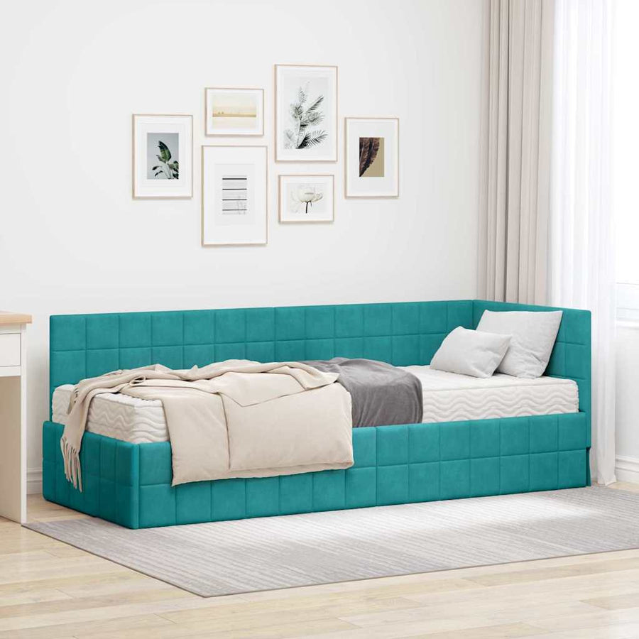 Hoekbedframe met Matras met hoofdeinde 2 pcs Turquoise Fluweel