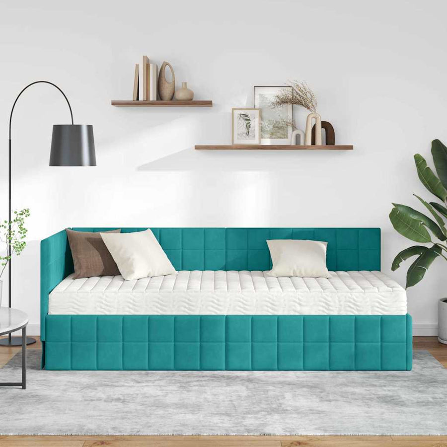 Hoekbedframe met Matras met hoofdeinde 2 pcs Turquoise Fluweel