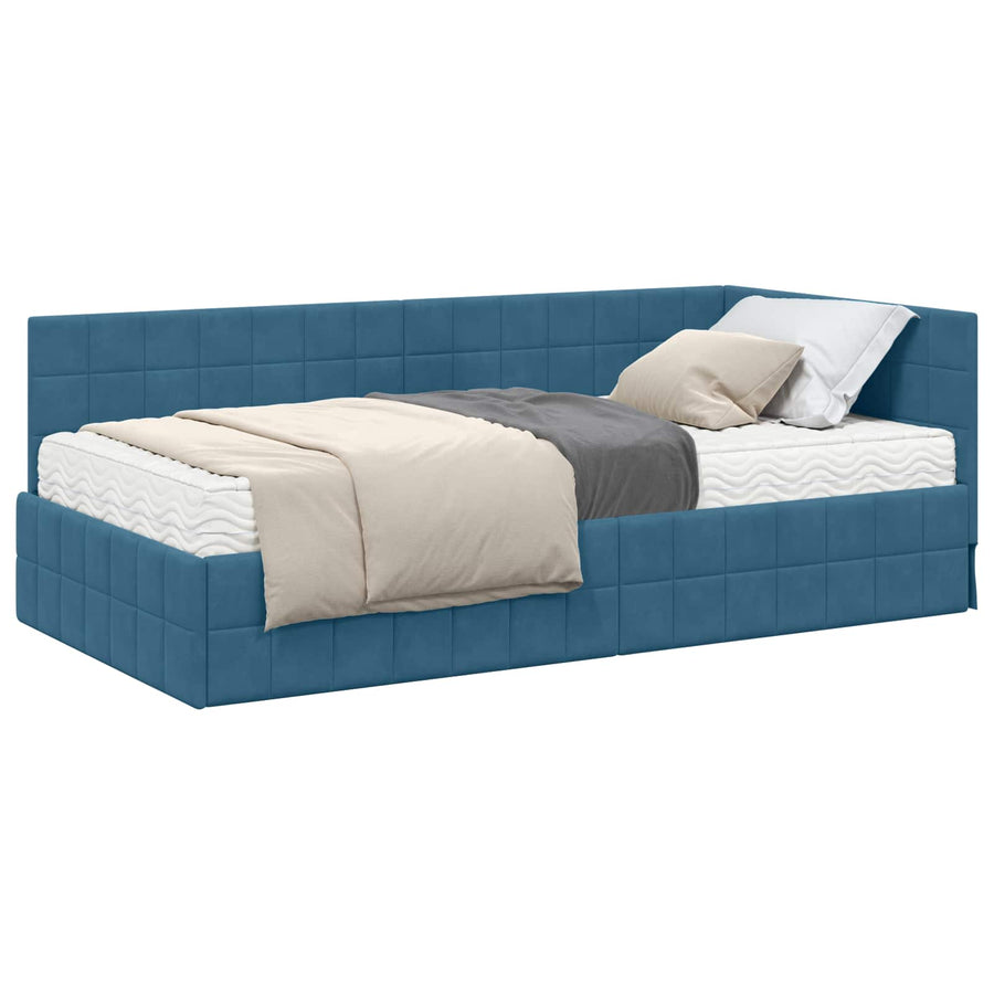 Hoekbedframe met Matras met hoofdeinde 2 pcs Blauw Fluweel