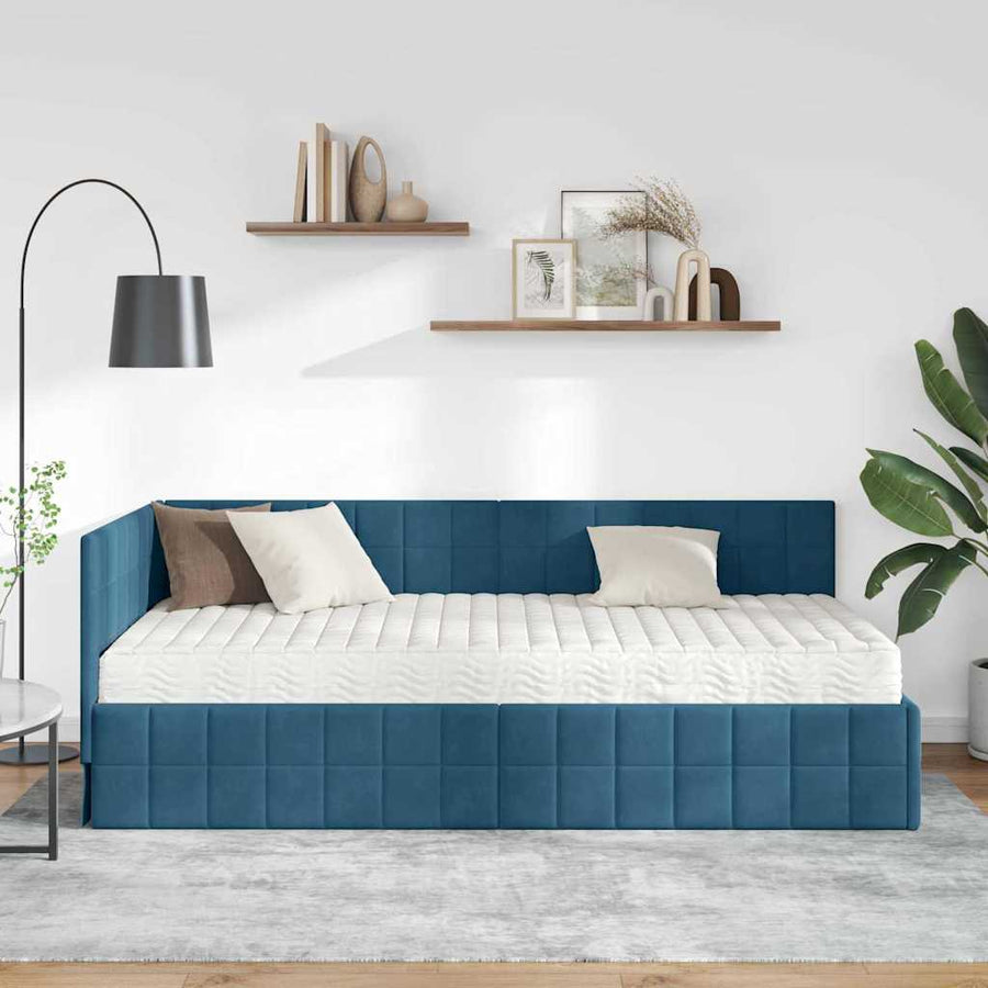 Hoekbedframe met Matras met hoofdeinde 2 pcs Blauw Fluweel