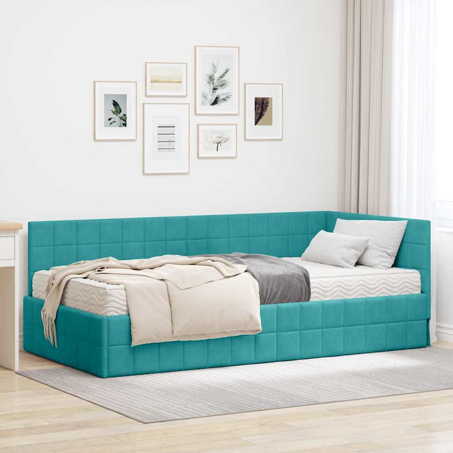 Hoekbedframe met Matras met hoofdeinde 2 pcs Turquoise Fluweel
