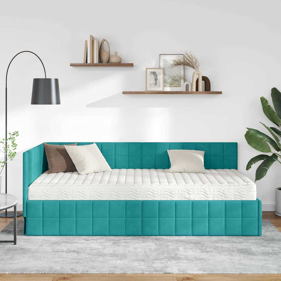 Hoekbedframe met Matras met hoofdeinde 2 pcs Turquoise Fluweel