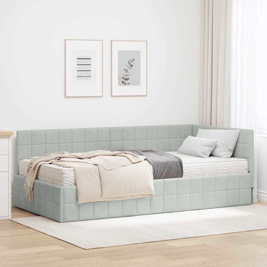 Hoekbedframe met Matras met hoofdeinde 2 pcs Lichtgrijs Fluweel