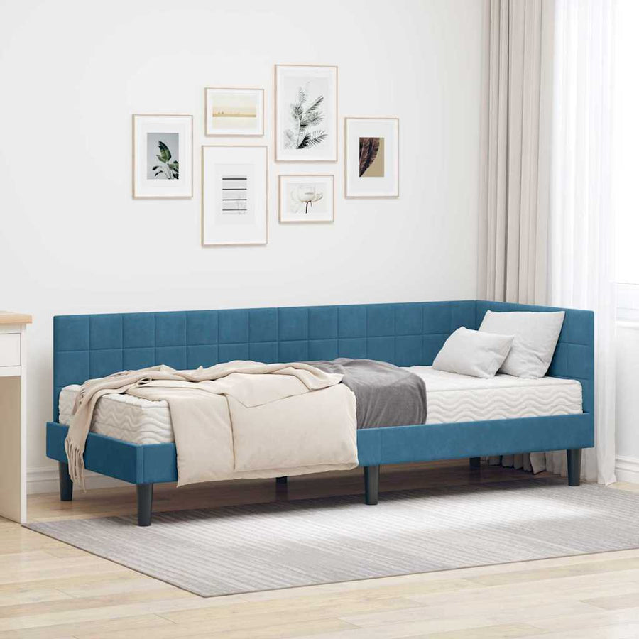 Hoekbedframe met Matras met hoofdeinde 2 pcs Blauw Fluweel