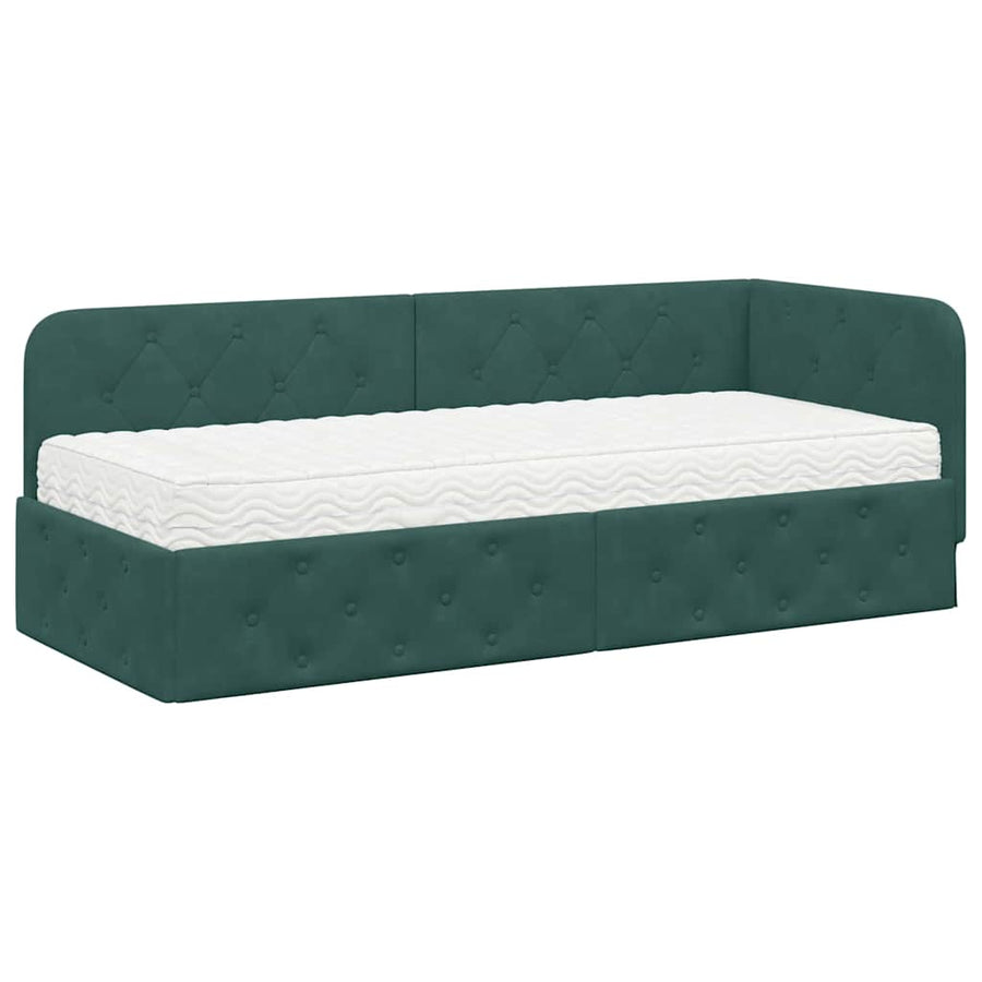 Hoekbedframe met matras Donkergroen 80 x 200 cm Fluweel