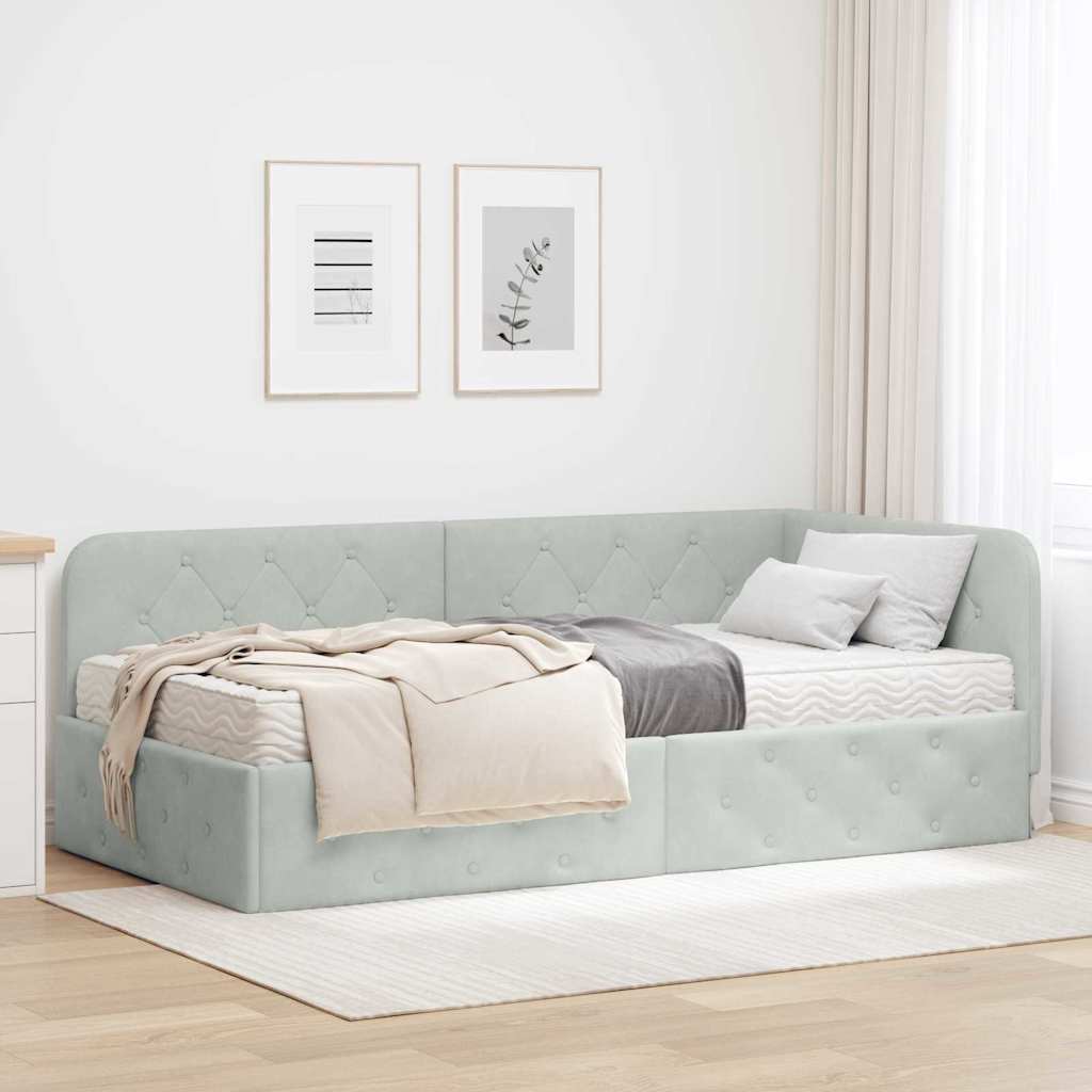 Hoekbedframe met matras Lichtgrijs 90 x 190 cm Fluweel