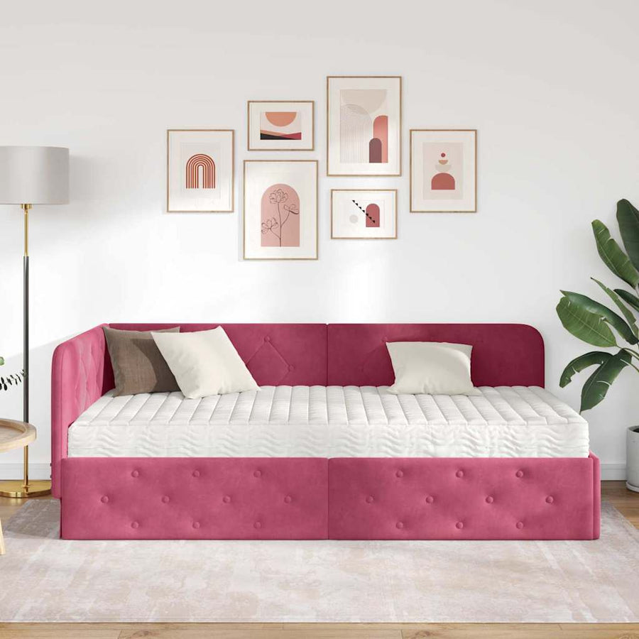 Hoekbedframe met matras Wijnrood 90 x 190 cm Fluweel