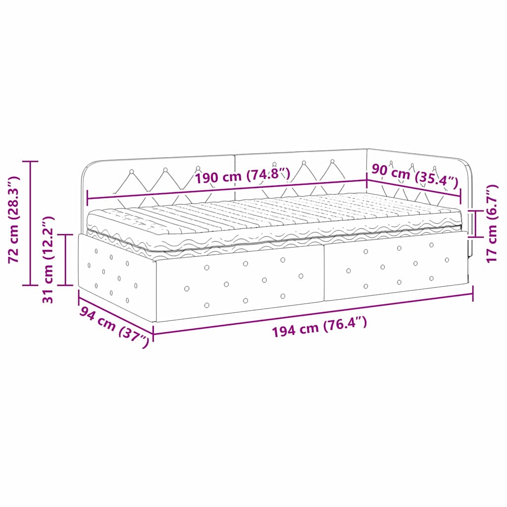 Hoekbedframe met matras Wijnrood 90 x 190 cm Fluweel
