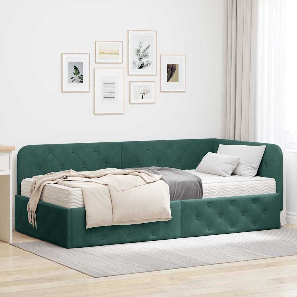 Hoekbedframe met matras Donkergroen 90 x 200 cm Fluweel