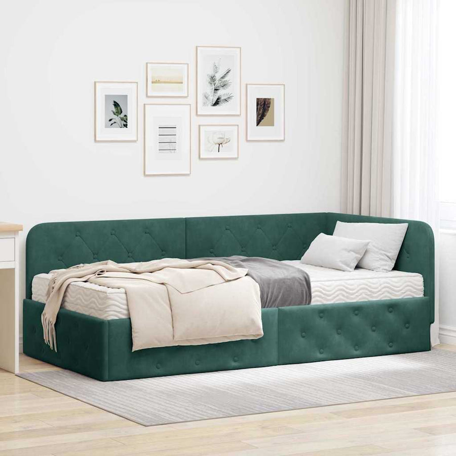 Hoekbedframe met matras Donkergroen 90 x 200 cm Fluweel