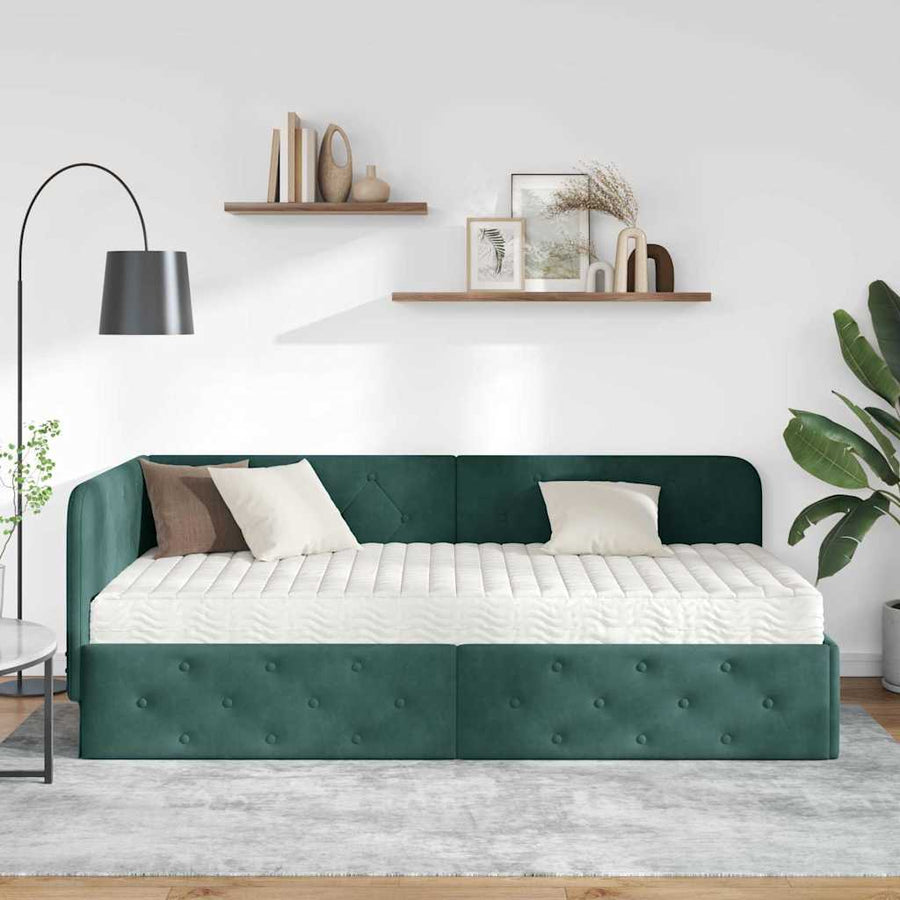 Hoekbedframe met matras Donkergroen 90 x 200 cm Fluweel