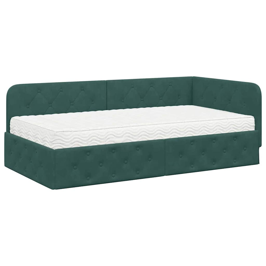 Hoekbedframe met matras Donkergroen 90 x 200 cm Fluweel