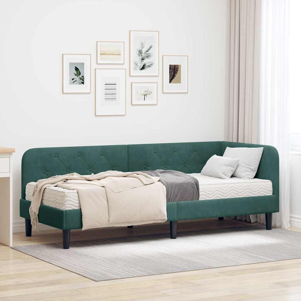 Hoekbedframe met matras Donkergroen 80 x 200 cm Fluweel