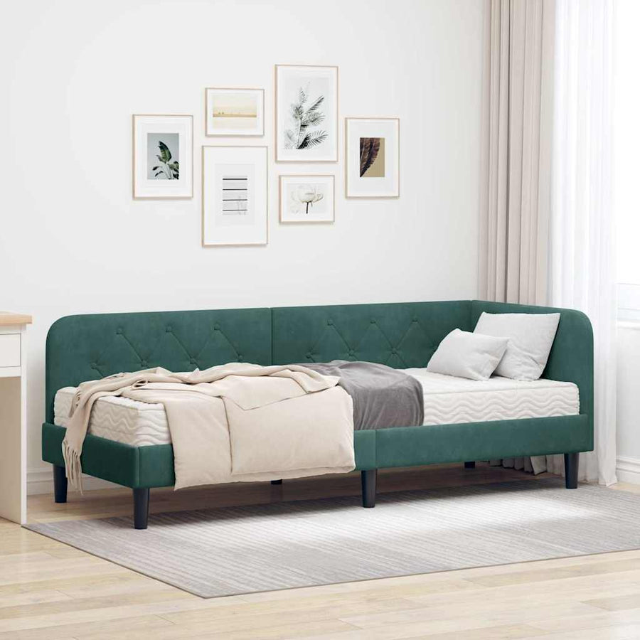 Hoekbedframe met matras Donkergroen 80 x 200 cm Fluweel
