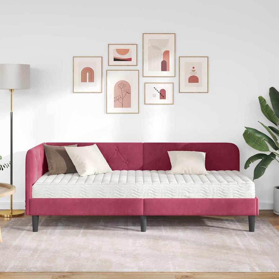 Hoekbedframe met matras Wijnrood 80 x 200 cm Fluweel