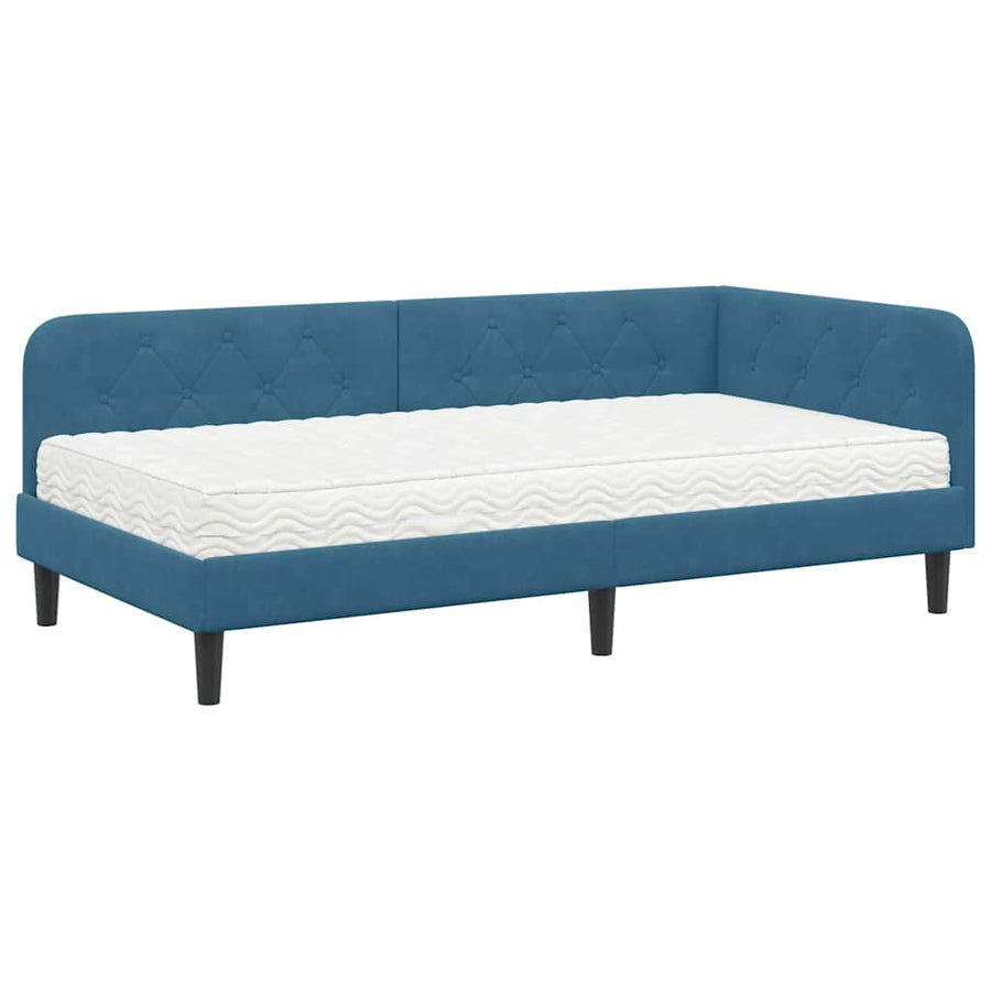 Hoekbedframe met matras Blauw 90 x 190 cm Fluweel