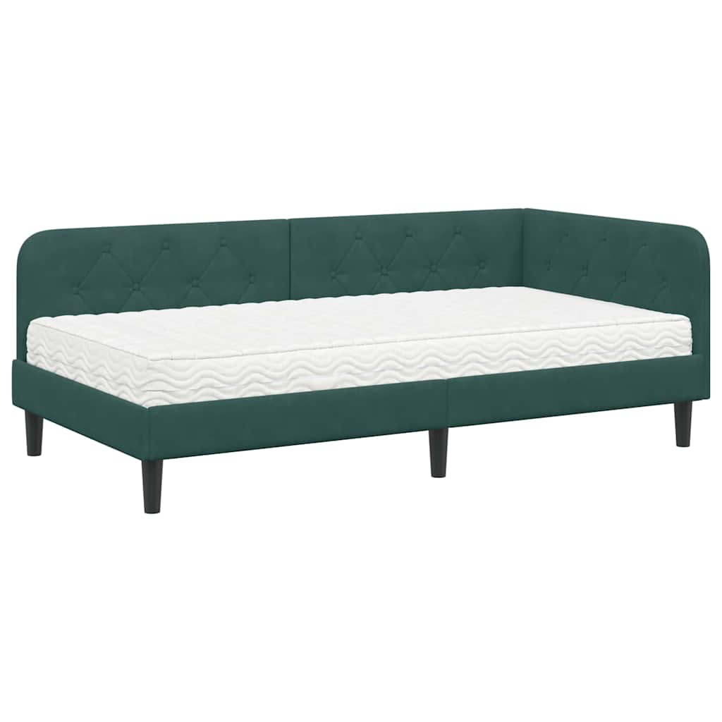 Hoekbedframe met matras Donkergroen 90 x 190 cm Fluweel
