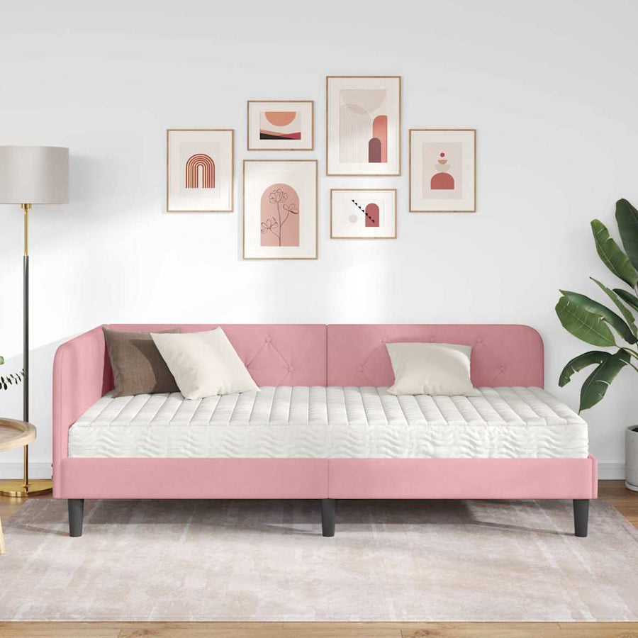 Hoekbedframe met matras met hoofdeinde Roze 90 x 190 cm Fluweel
