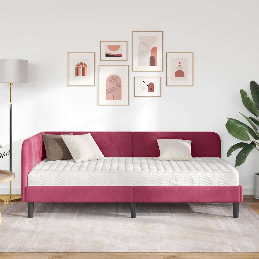 Hoekbedframe met matras Wijnrood 90 x 190 cm Fluweel
