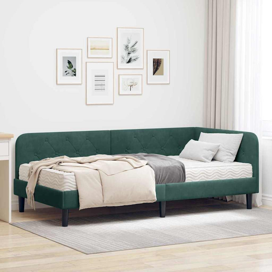 Hoekbedframe met matras Donkergroen 100 x 200 cm Fluweel