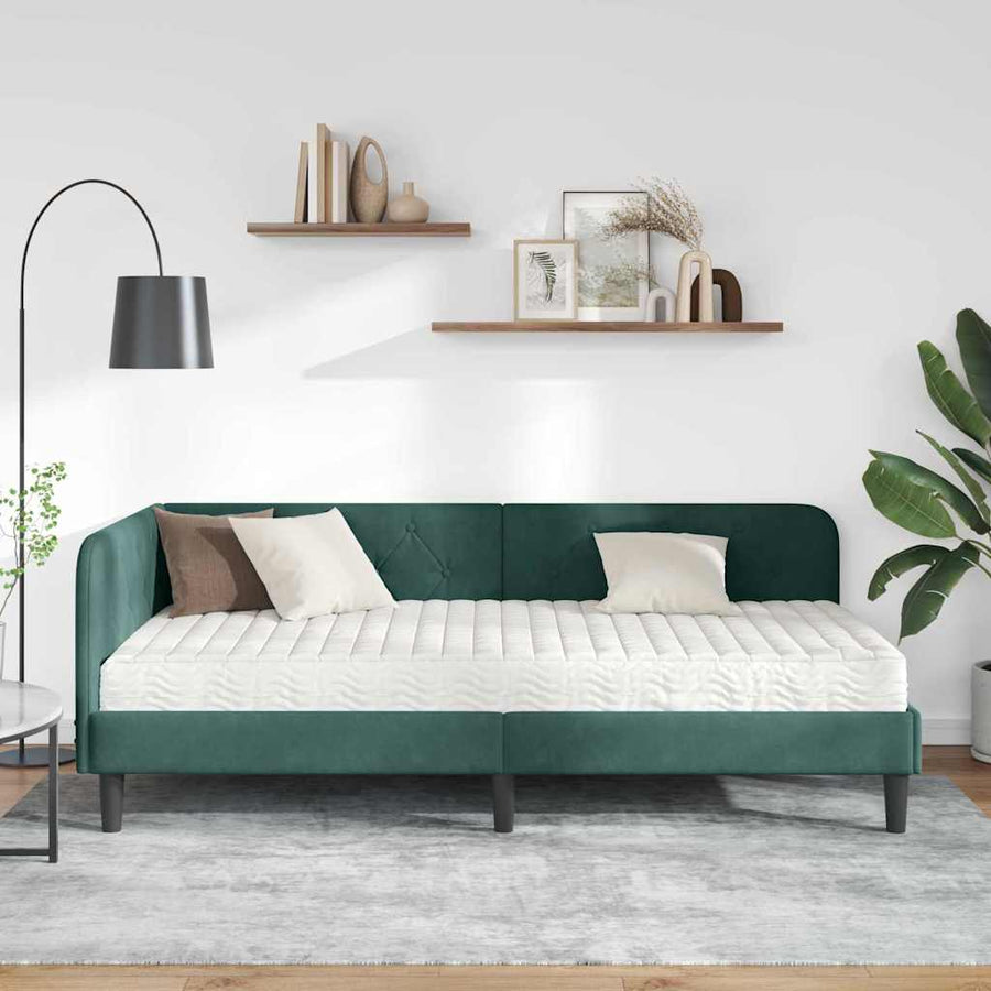 Hoekbedframe met matras Donkergroen 100 x 200 cm Fluweel