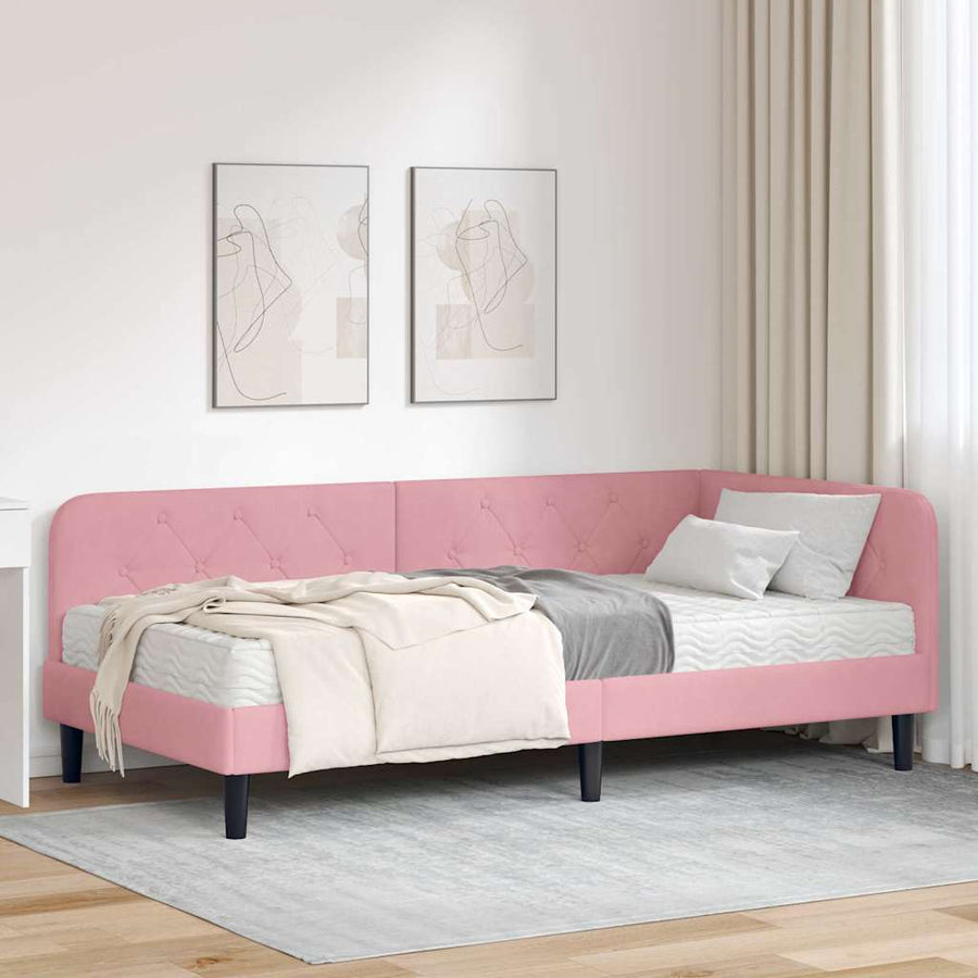 Hoekbedframe met matras Roze 100 x 200 cm Fluweel