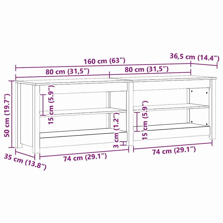 Schoenenbank Wasbruin 160 x 36,5 x 50 cm Massief grenenhout