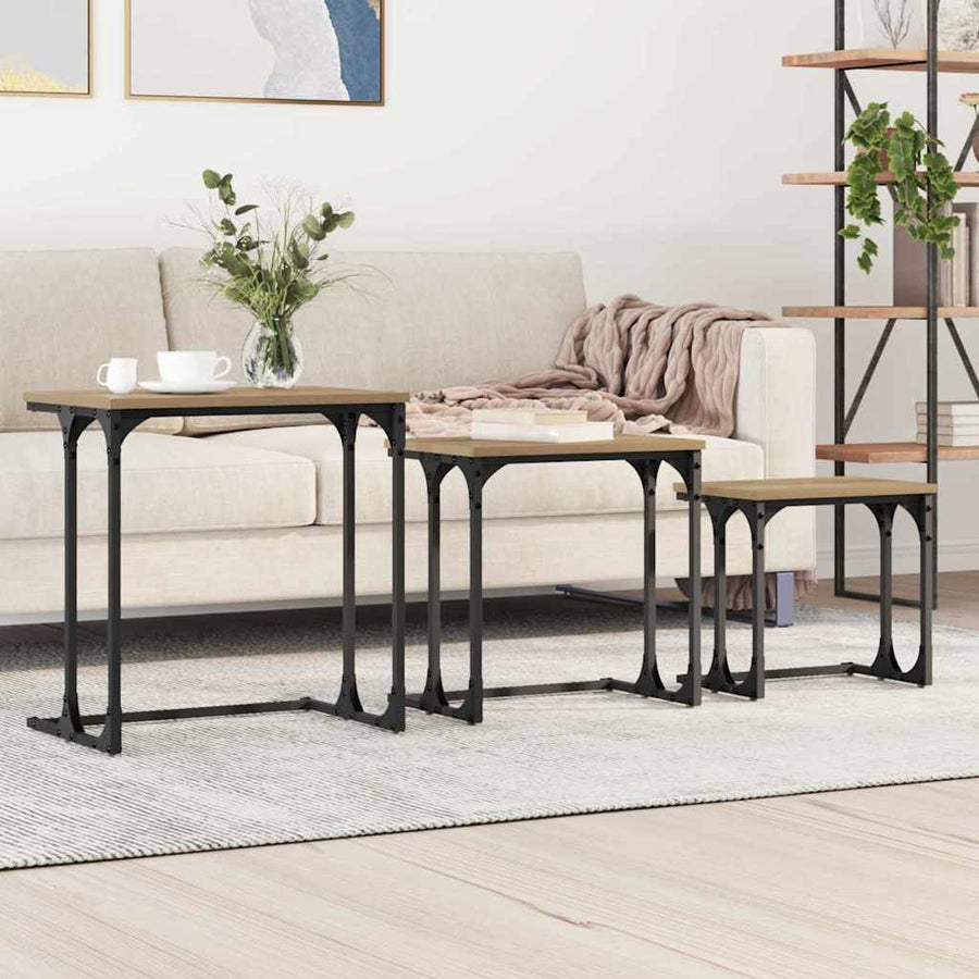 Nesting Koffietafel 3 pcs artisanaal eikenkleurig Bewerkt hout