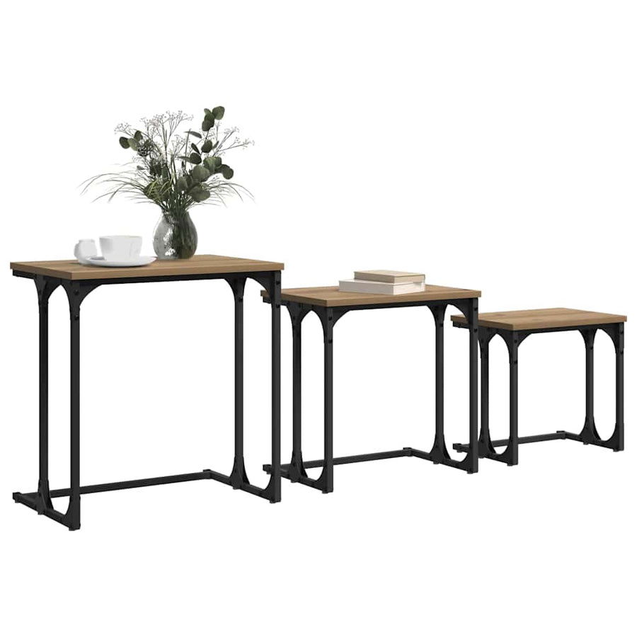 Nesting Koffietafel 3 pcs artisanaal eikenkleurig Bewerkt hout