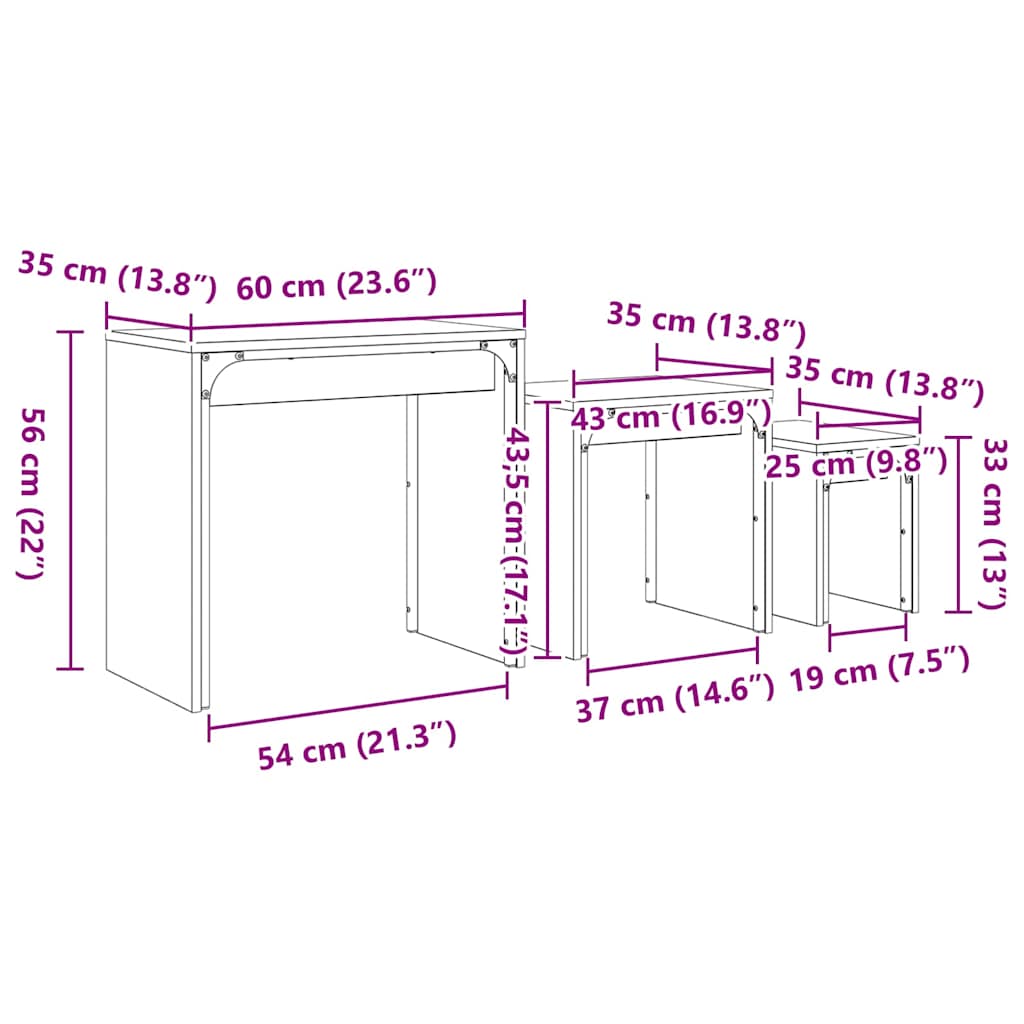 Nesting Koffietafel 3 pcs Oud hout 60 x 35 x 56 cm Bewerkt hout