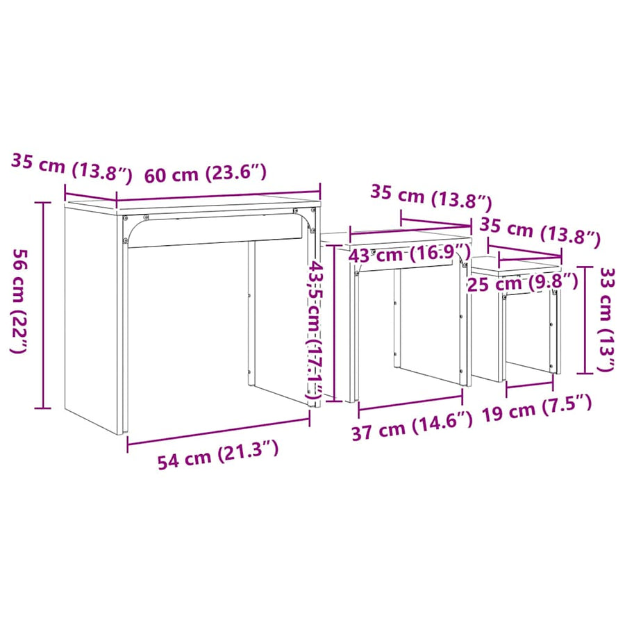 Nesting Koffietafel 3 pcs Oud hout 60 x 35 x 56 cm Bewerkt hout
