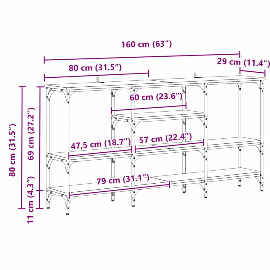 Wandtafel artisanaal eikenkleurig 160 x 29 x 80 cm Bewerkt hout